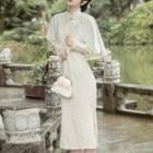 Set: Long-sleeve Textured Midi Qipao + Capelet