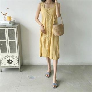 Button-front Linen Blend Pinafore Dress