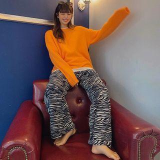 Band-waist Zebra-pattern Wide-leg Pants Black - One Size