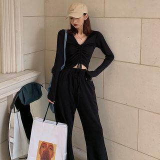 Set: Drawstring V-neck Long-sleeve T-shirt + High-waist Wide-leg Pants