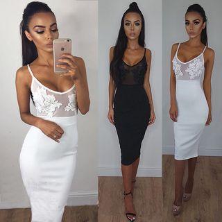 Spaghetti-strap Embroidery Bodycon Dress