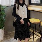 V-neck Knit Vest / Dotted Long-sleeve A-line Dress