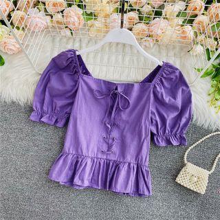 Lace-up Short-sleeve Square-neck Blouse