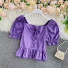 Lace-up Short-sleeve Square-neck Blouse