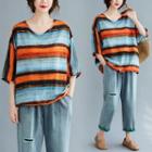 Striped Elbow-sleeve Drawstring-hem Blouse Stripe - One Size