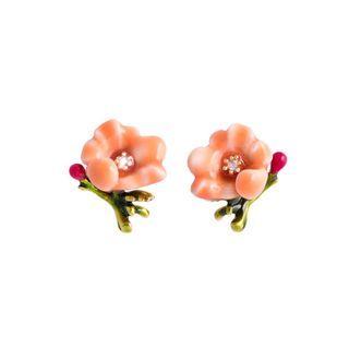 Fashion And Elegant Plated Gold Enamel Pink Flowers Cubic Zirconia Stud Earrings Golden - One Size
