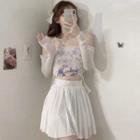 Long-sleeve Off-shoulder Top / Camisole Top / Pleated Mini A-line Skirt