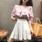 Short-sleeve V-neck Ruffle Crop Top / A-line Skirt