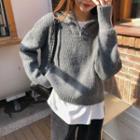 Long-sleeve Plain Collar Zip Knit Top Gray Sweater - One Size