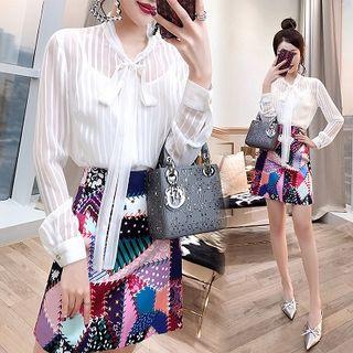 Set: Tie Neck Blouse + A-line Skirt + Camisole