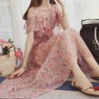 Cold-shoulder Floral Print Chiffon Midi A-line Dress