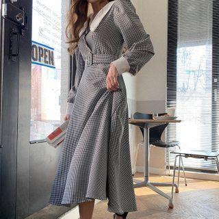 Contrast-trim Check Dress With Belt