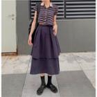 Striped Short-sleeve Buttoned Top / Layered A-line Skirt