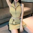 Sleeveless Halter Two-tone Top / Two-tone Skirt
