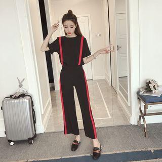 Set: Contrast Trim Short-sleeve T-shirt + Wide Leg Pants