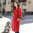 Belted Waist Woolen Coat With Scarf