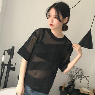 Fishnet Panel Elbow Sleeve T-shirt