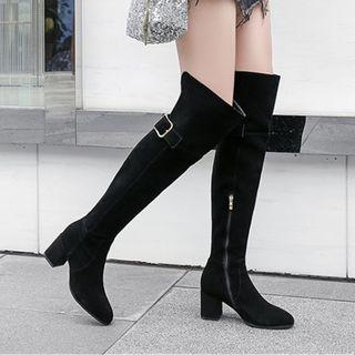 Genuine Suede Round Toe Block Heel Over-the-knee Boots