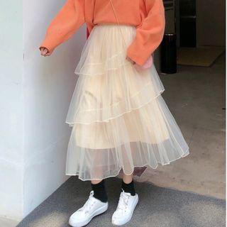 Mesh Midi A-line Tiered Skirt Almond - One Size