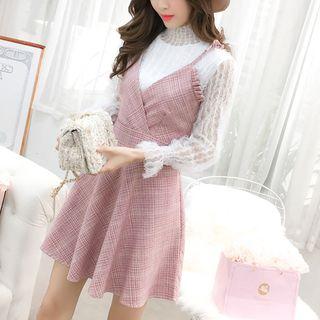 Set: Long-sleeve Lace Top + Strappy A-line Dress