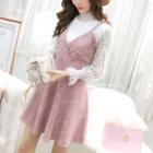 Set: Long-sleeve Lace Top + Strappy A-line Dress