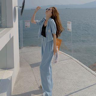 Set: Short Sleeve Two Button Cropped Blazer + Plain Wide-leg Dress Pants