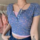 Floral Print Short-sleeve Cropped Henley Top Blue - One Size