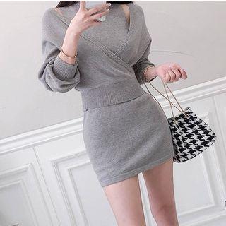 Set: Mini Knit Tank Dress + V-neck Sweater Set - Gray - One Size
