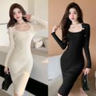 Long-sleeve Square-neck Knit Bodycon Dress