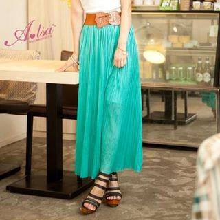 Belted-accent Pleated Long Skirt Green - One Size