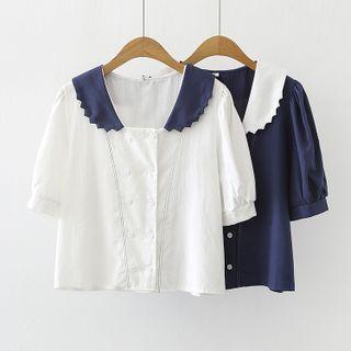Puff-sleeve Collared Double-breasted Blouse