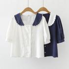 Puff-sleeve Collared Double-breasted Blouse