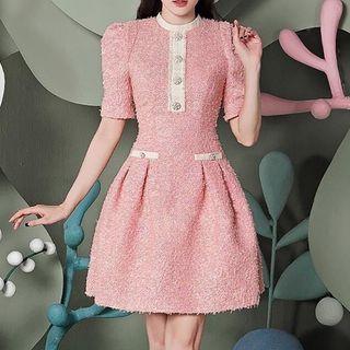 Short-sleeve Fringed Rhinestone Button-up A-line Dress