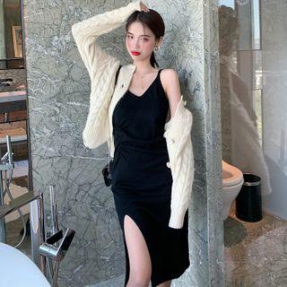 Side Slit Midi Spaghetti Strap Dress / Cable-knit Cardigan