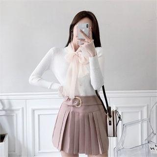 Mesh-trim Rib-knit Cardigan