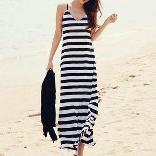 Set: Open-back Light Jacket + Striped Spaghetti Strap Maxi Dress