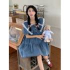 Lace Flower Trim Denim Dress Leopard Print Panel - Blue - One Size