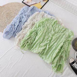 Square-neck Ruched Drawstring Long-sleeve Chiffon Top