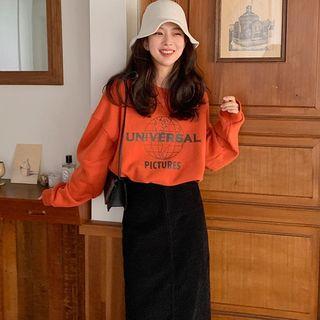 Long-sleeve Letter Printed Sweatshirt / High-waist Split Hem Corduroy Skirt
