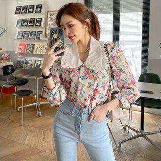 Frilled-collar Puff-sleeve Floral Blouse Cream - One Size