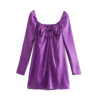 Long-sleeve Tie-front Silky Mini A-line Dress