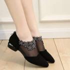 Mesh Panel Rhinestone Flower Chunky-heel Shoes