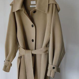 Hooded Wool Long Coat With Sash Khaki - One Size