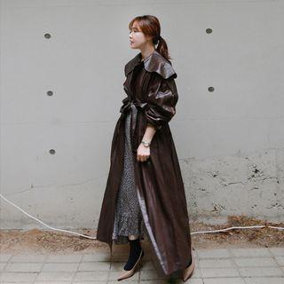 Faux-leather Maxi Trench Coat With Sash