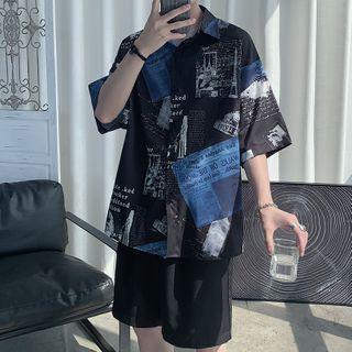 Newspaper Print Short-sleeve Button-down Shirt