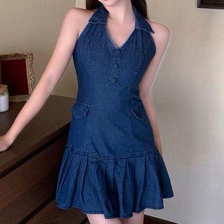 Sleeveless Halter Denim A-line Dress