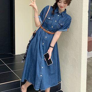 Set: Short-sleeve Midi Denim Shirtdress + Belt
