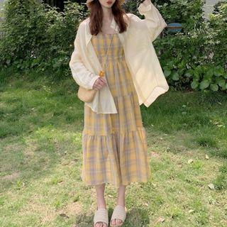 Plaid Smocked Midi Sundress / Sheer Long Shirt