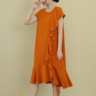 Short-sleeve Asymmetric Ruffle Trim Midi A-line Dress