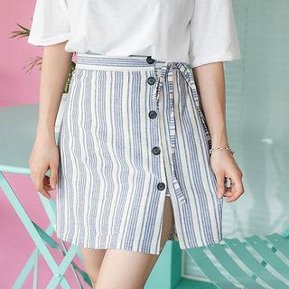 Tie-waist Button-front Striped Skirt